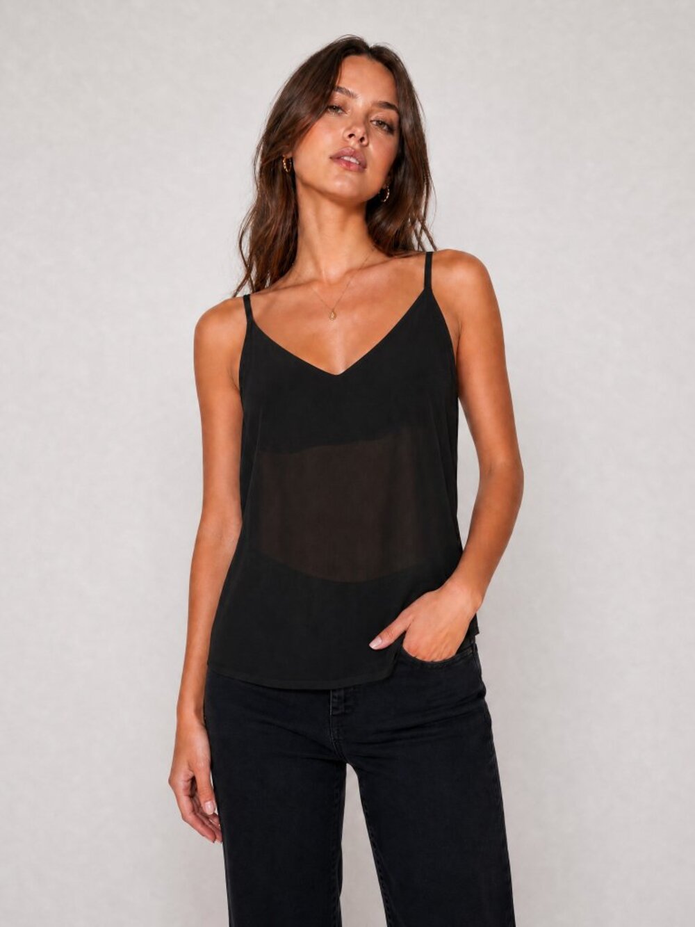 Topshop Black Sheer Chiffon V Neck Cami Tank Top Strappy Layering Minimalist